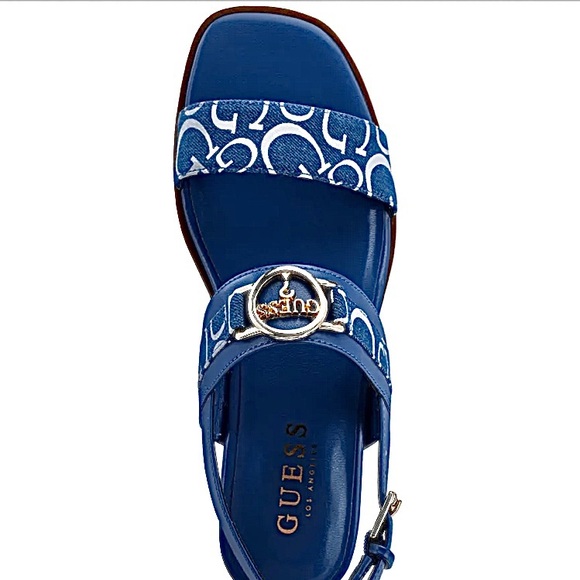Blue-“Carle Denim” Guess Logo Strap Sandals - Picture 2 of 4